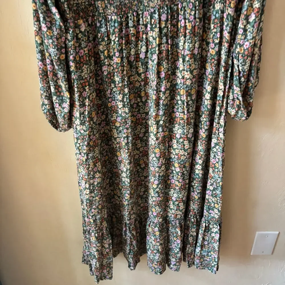 Old Navy Womens XXL Ditsy Floral Smocked Midi Dress Long Sleeve Rayon Boho Multi